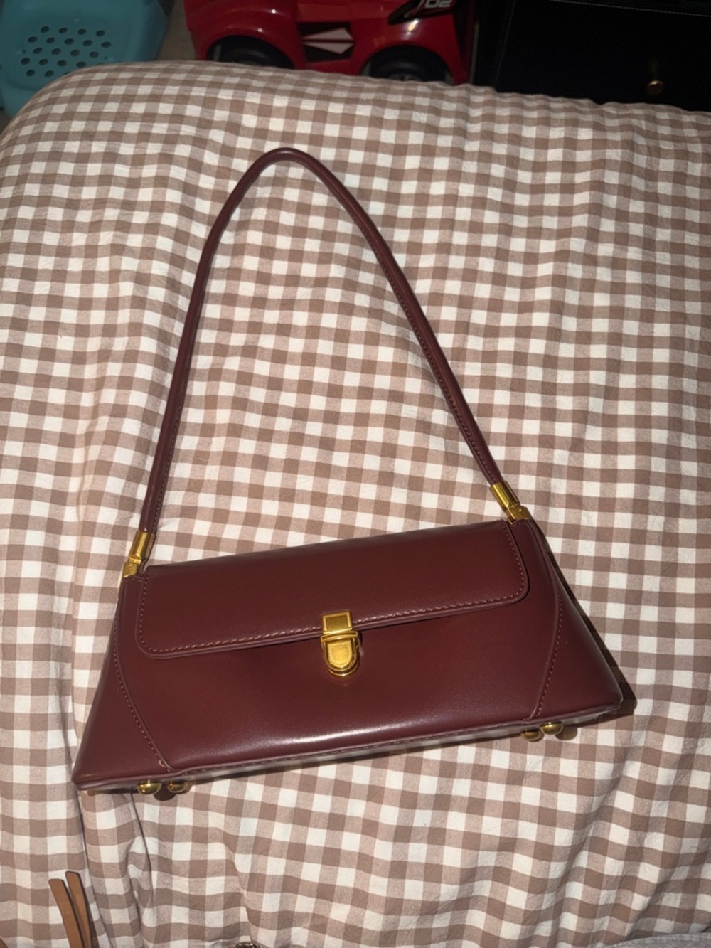 Classic Burgundy Shoulder Bag with Gold Hardware